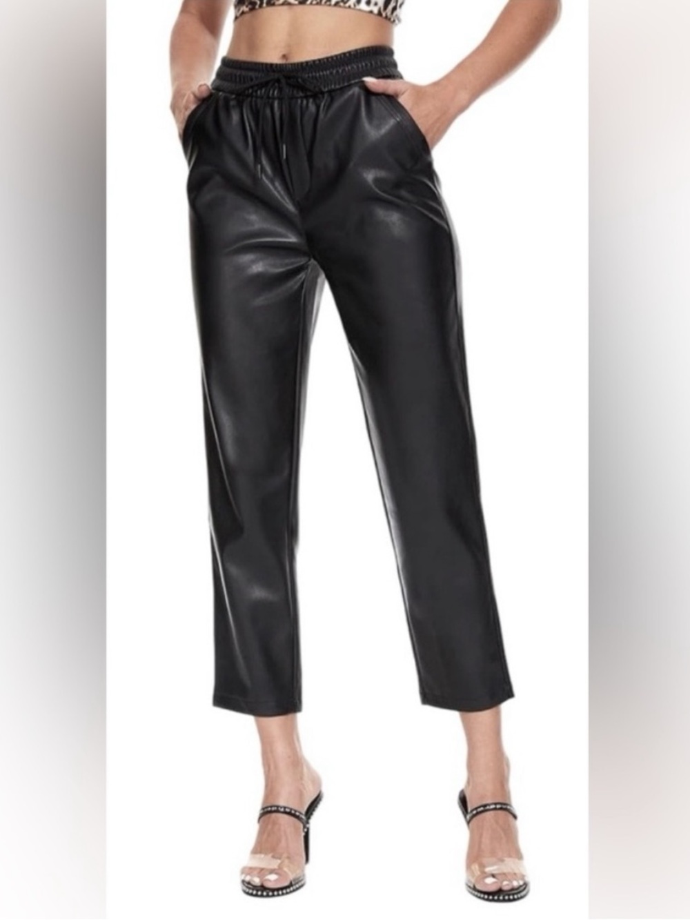 Tagoo | Black Faux Leather Drawstring Ankle length Pants XL